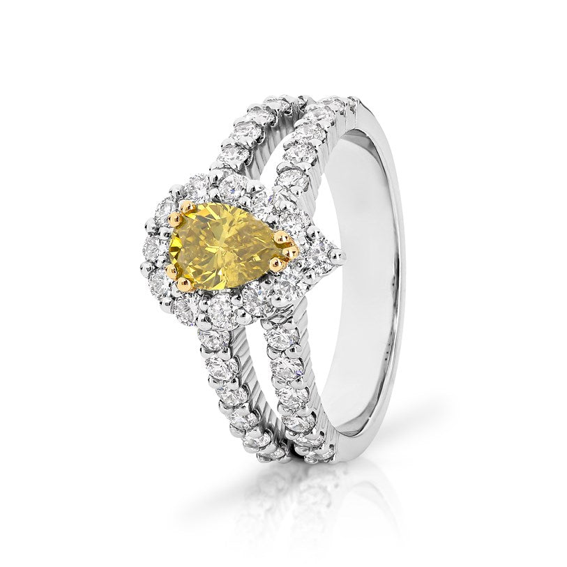 18ct Gold Intense Yellow Pear Diamond Halo Ring