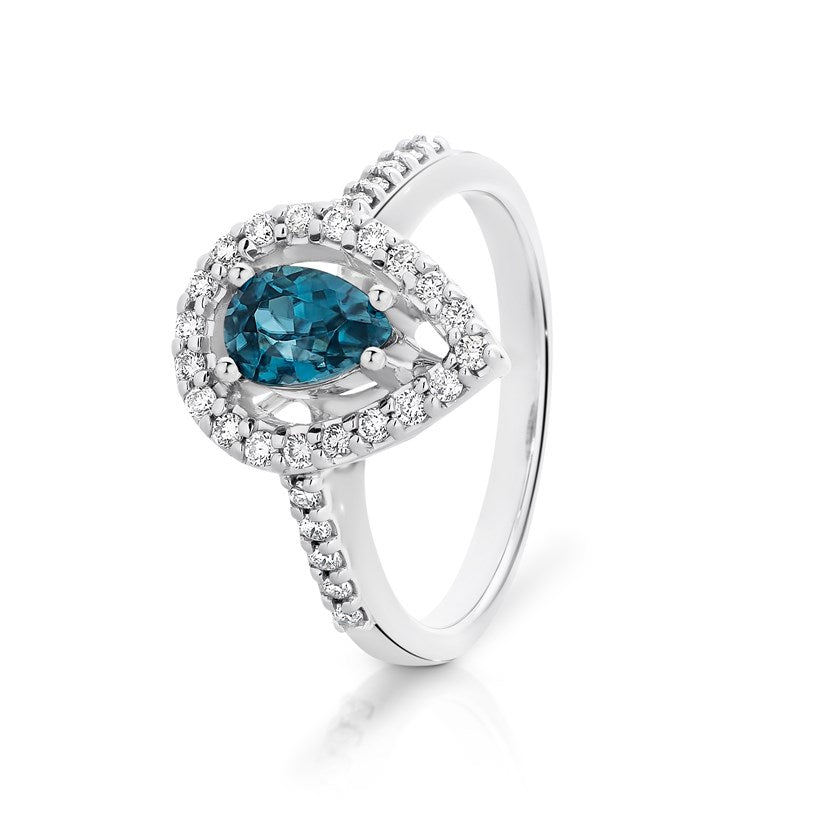 9ct Gold Pear Blue Zircon & Diamond Halo Ring
