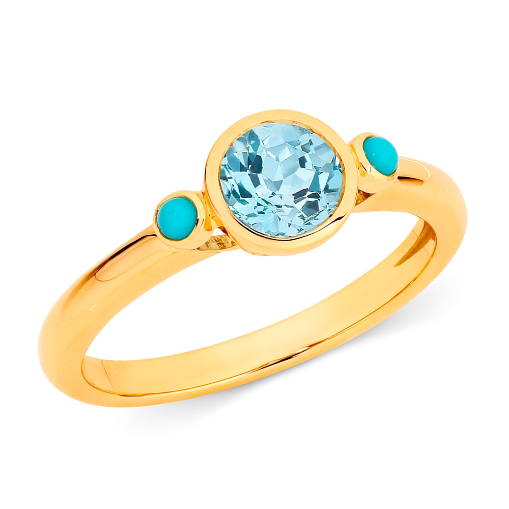 9ct Gold Blue Topaz & Turquoise Ring