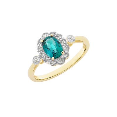 9ct Gold Created Emerald & Diamond Oval Cluster Ring.