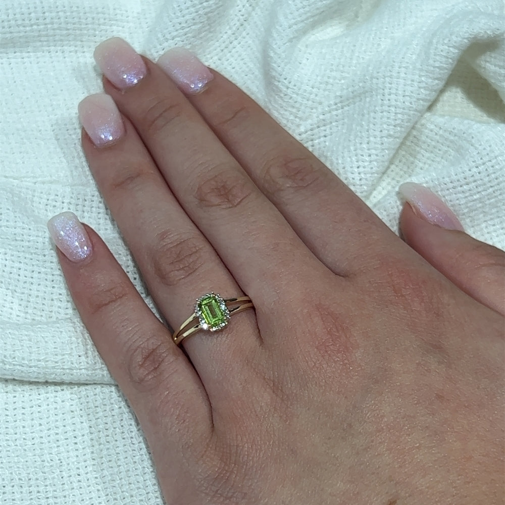 Peridot & Diamond Emerald Cut Dress Ring.