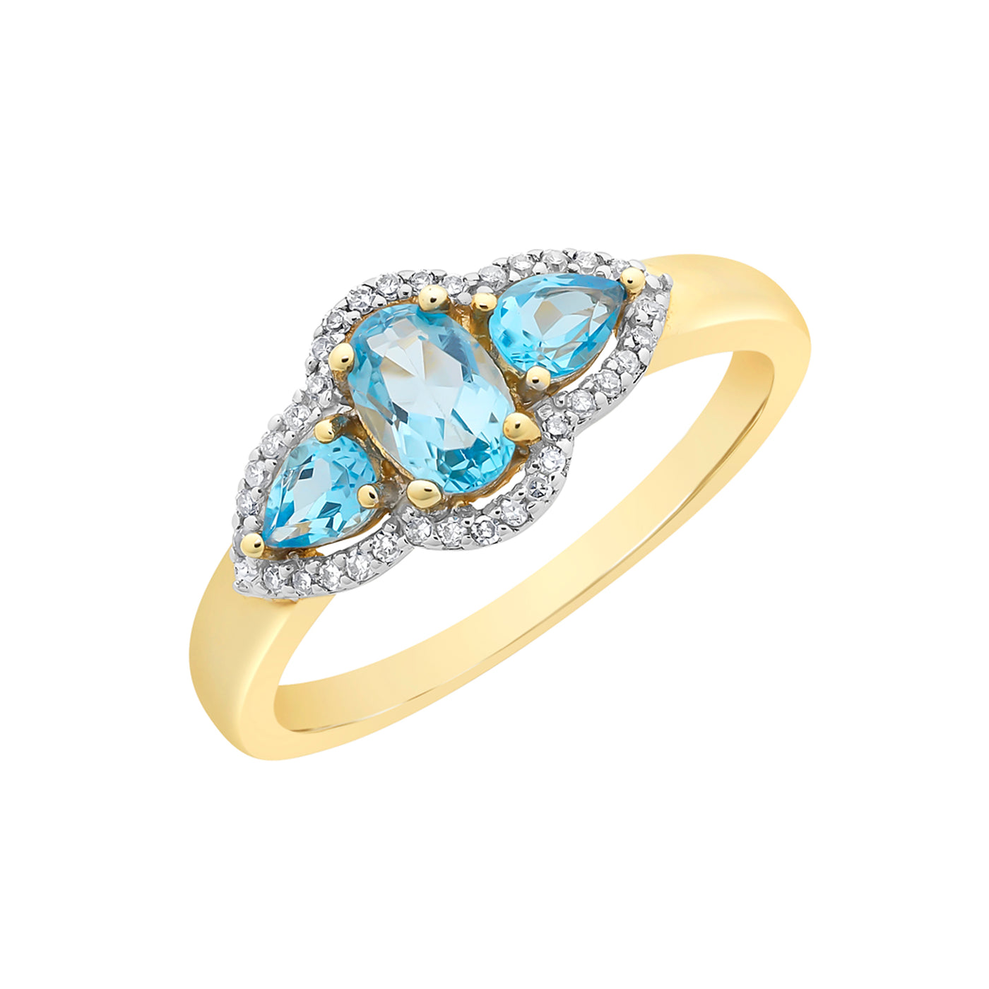 9ct Gold Blue Topaz Trilogy Ring with Diamond Halo