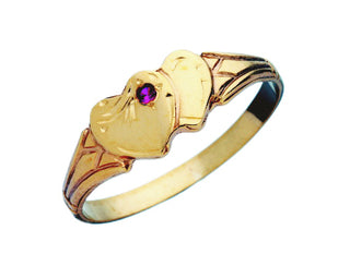 9ct Yellow Gold Double Heart Signet Ring Red Stone.