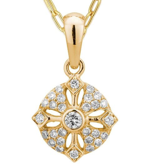 9ct Gold Diamond Vintage Inspired Diamond Pendant - 0.19 carats