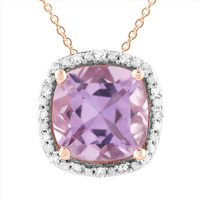 9ct Rose Gold Cushion Cut Pink Amethyst & Diamond Cluster Necklace.