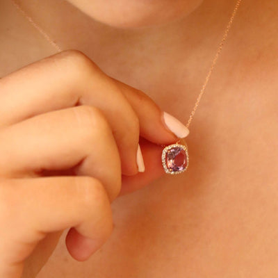 9ct Rose Gold Cushion Cut Pink Amethyst & Diamond Cluster Necklace.