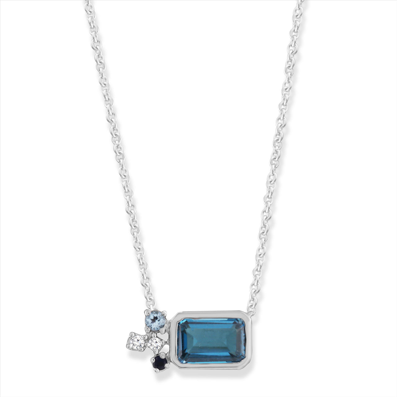 9ct White Gold Blue Topaz & Diamond Cluster Necklace.