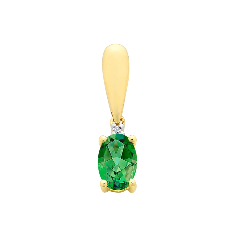 9ct Yellow Gold Emerald & Diamond Drop Pendant.