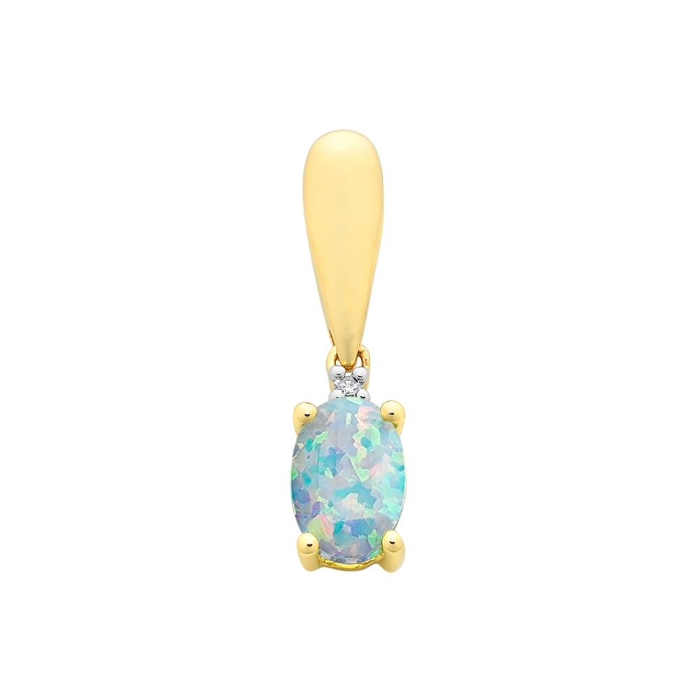 Oval Created Opal & Diamond Drop Pendant - Yellow Gold.