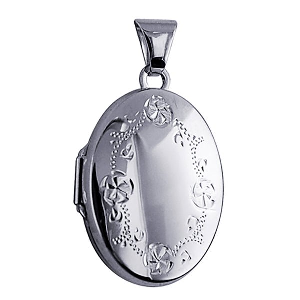 9ct White Gold Oval Floral Border Locket.