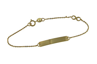 9ct Yellow Gold Childs Bracelet with ID Plate and Infinity Charm.