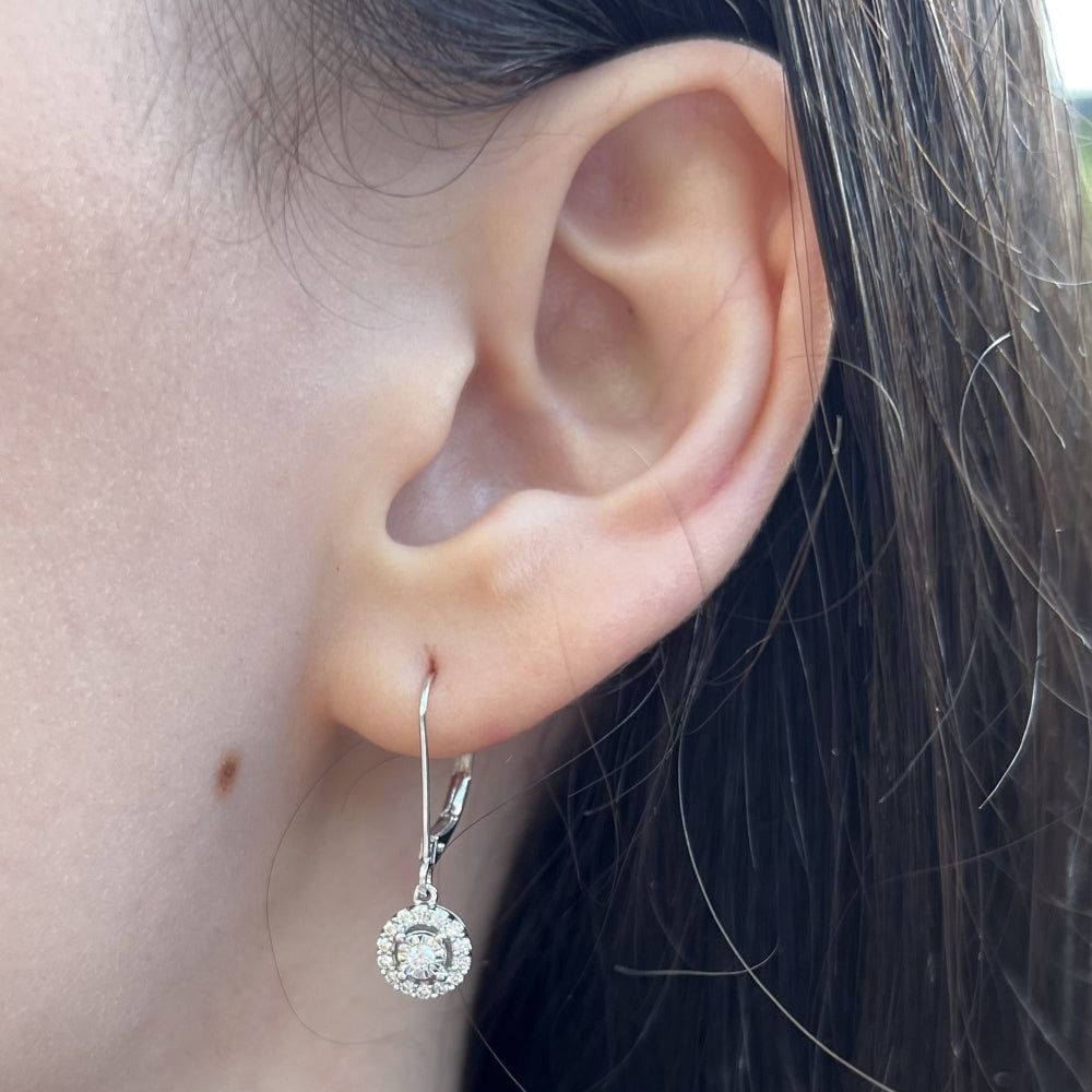 White Gold Diamond Round Cluster Drop Earrings