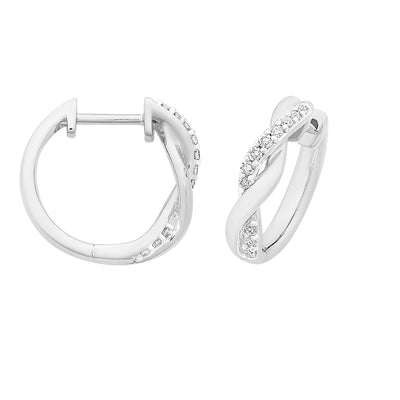 9ct White Gold Infinity Diamond Huggie Earrings.