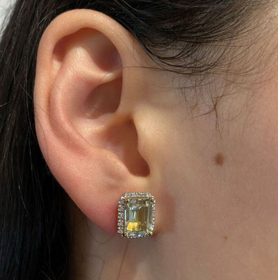 9ct Gold Green Amethyst & Diamond Stud Earrings