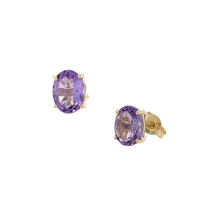 9ct Yellow Gold Oval Amethyst Solitaire Stud Earrings.
