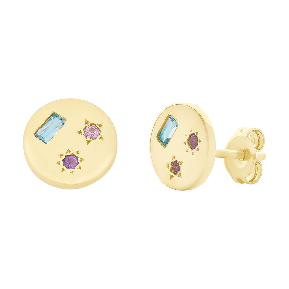 9ct Gold Disc Earrings with coloured gemstones.