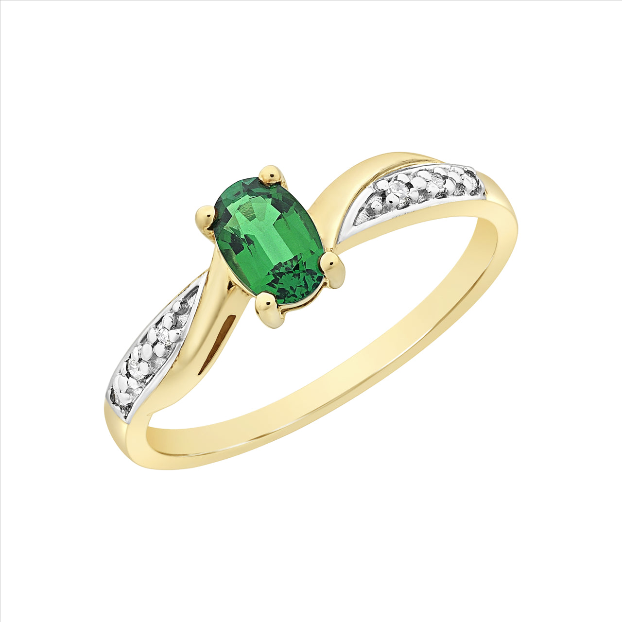 9ct Yellow Gold Oval Created Emerald & Diamond Dress Ring.