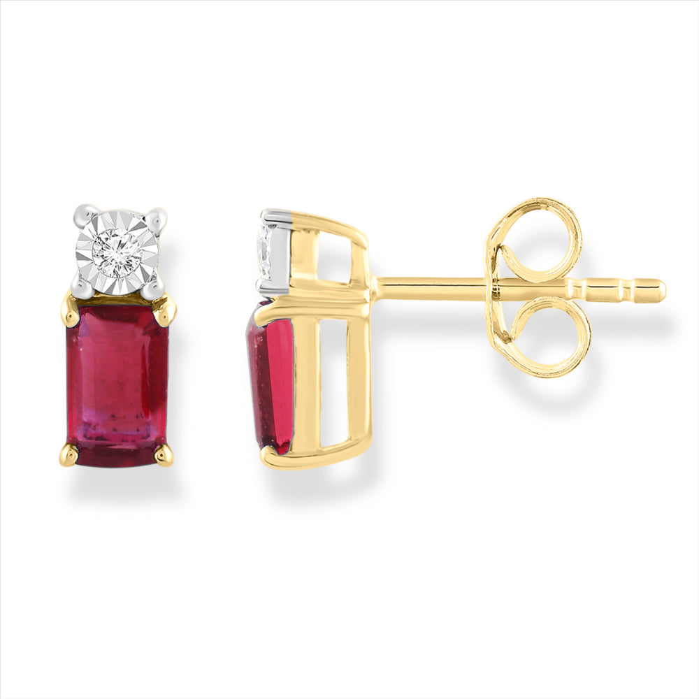 9ct Yellow Gold Natural Ruby & Diamond Stud Earrings.