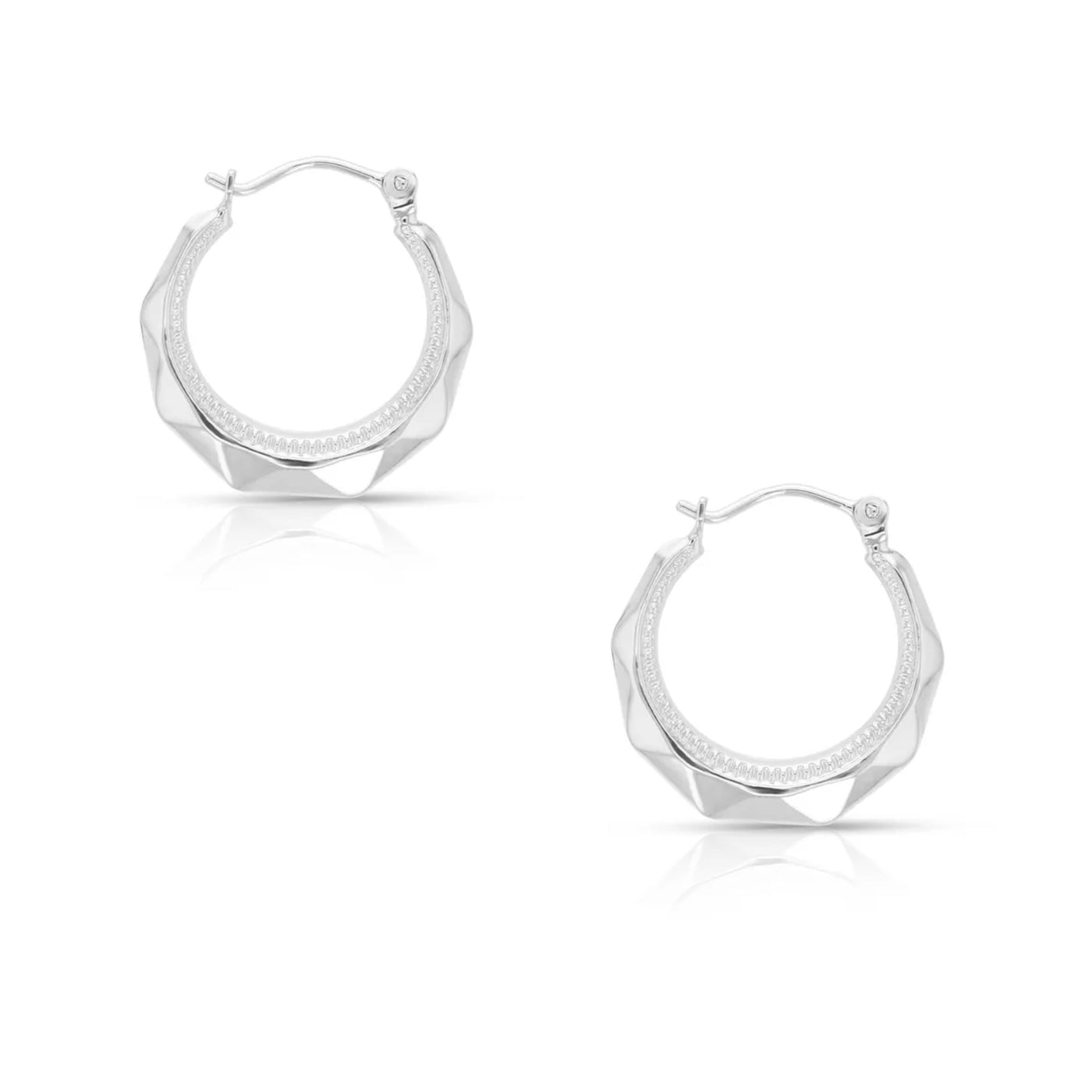 9ct White Gold Faceted Crescent Shape Hoop Earrings.