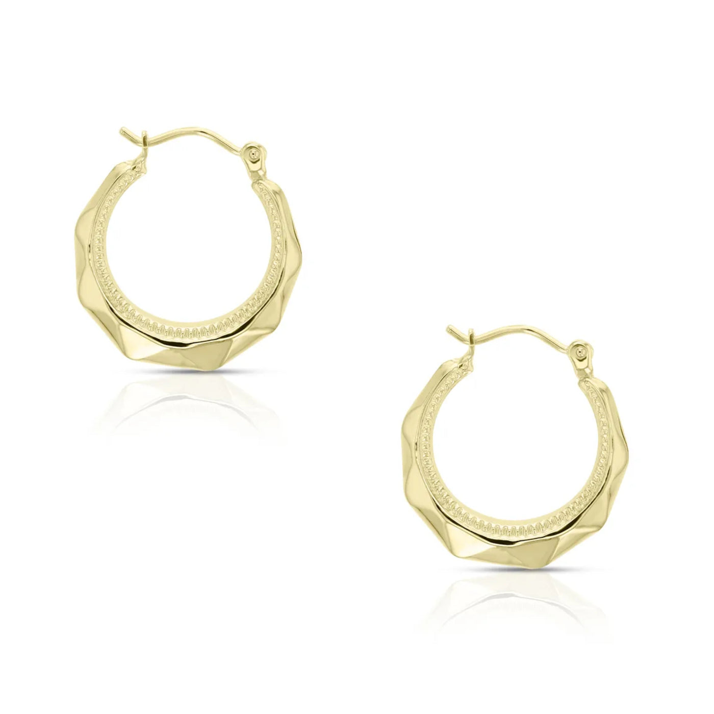 9ct Yellow Gold Faceted Crescent Shape Hoop Earrings.