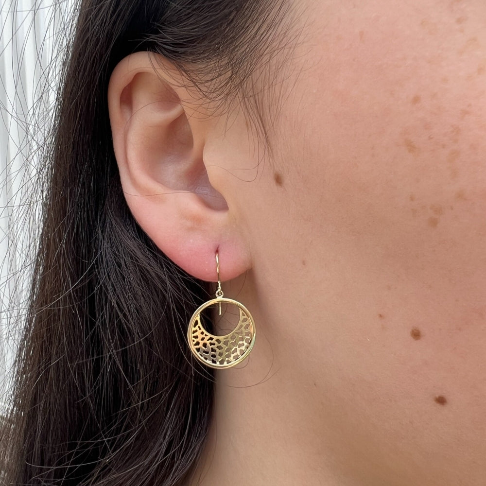 9ct Yellow Gold Open Drop Leopard Pattern Hoop Earrings.