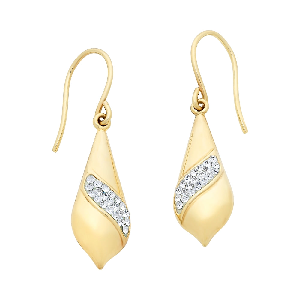 9ct Yellow Gold Long Drop Hook Earrings set with Crystals