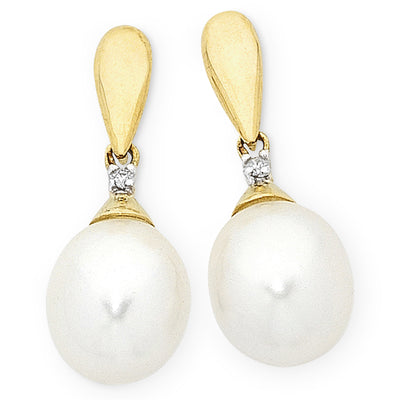 9ct Yellow Gold Teardrop Pearl & Diamond Drop Earrings