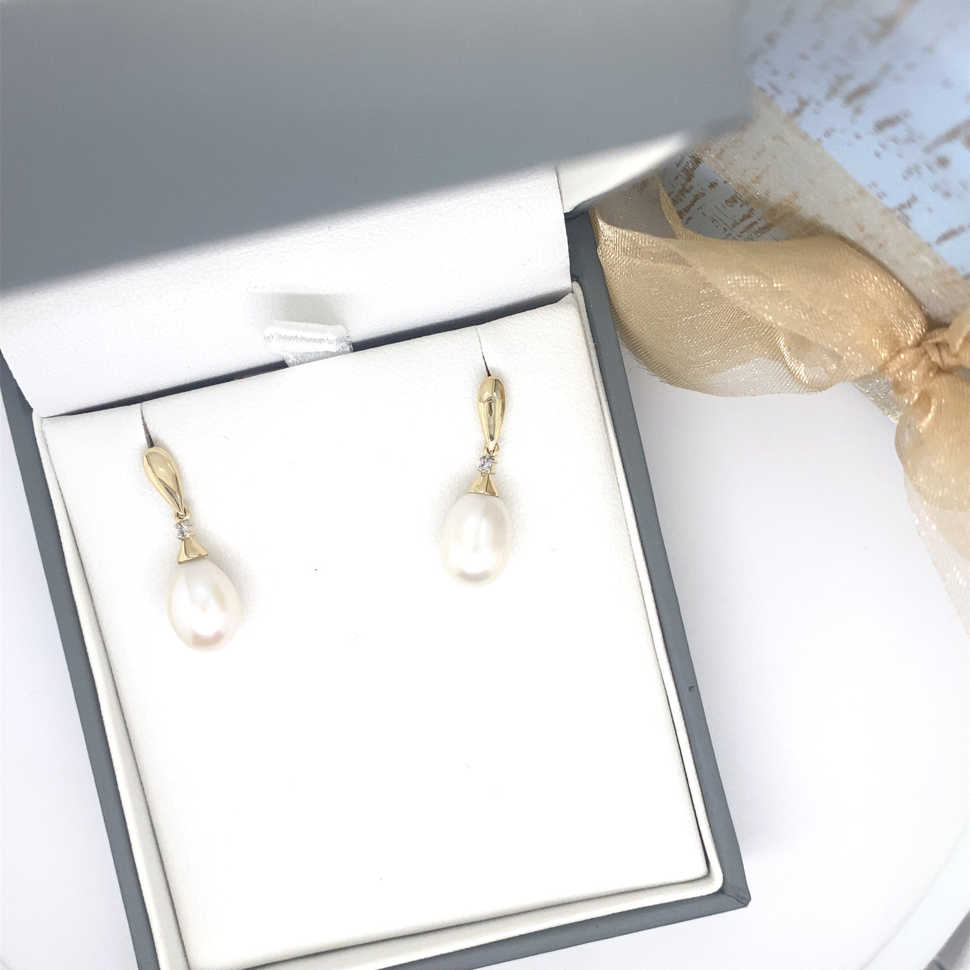 9ct Yellow Gold Teardrop Pearl & Diamond Drop Earrings