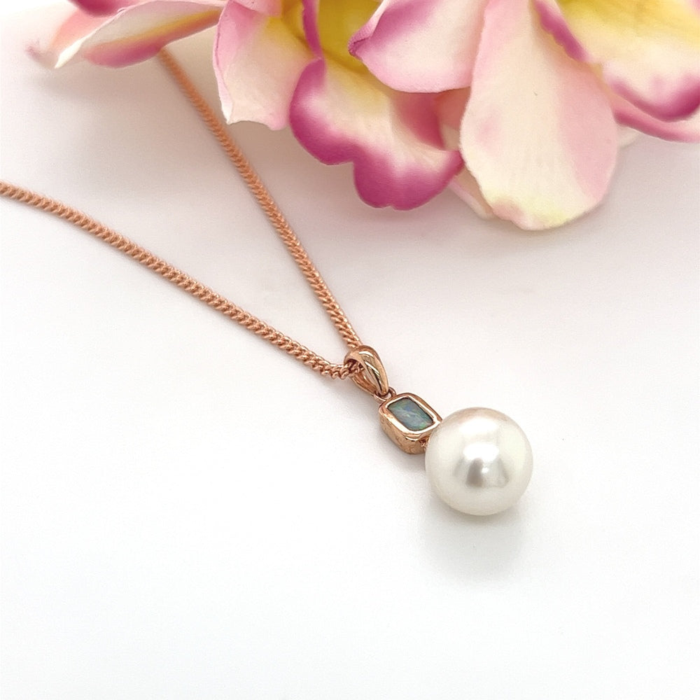9ct Rose Gold Solid Boulder Opal & South Sea Pearl Pendant.