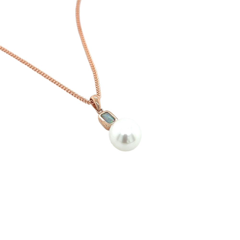 9ct Rose Gold Solid Boulder Opal & South Sea Pearl Pendant.