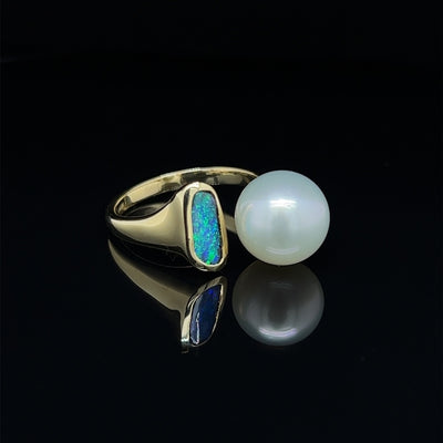 9ct Gold Solid Boulder Opal & South Sea Pearl Ring.