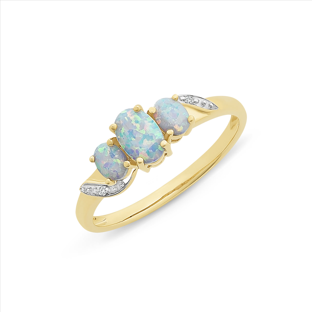 9ct Yellow Gold Triology Created Opal & Diamond Ring