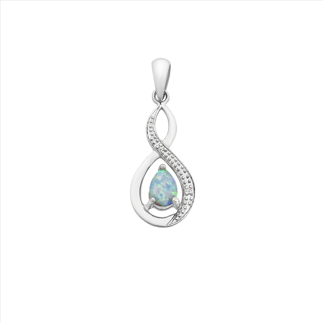 9ct White Gold Created White Opal Infinity Frame Pendant.