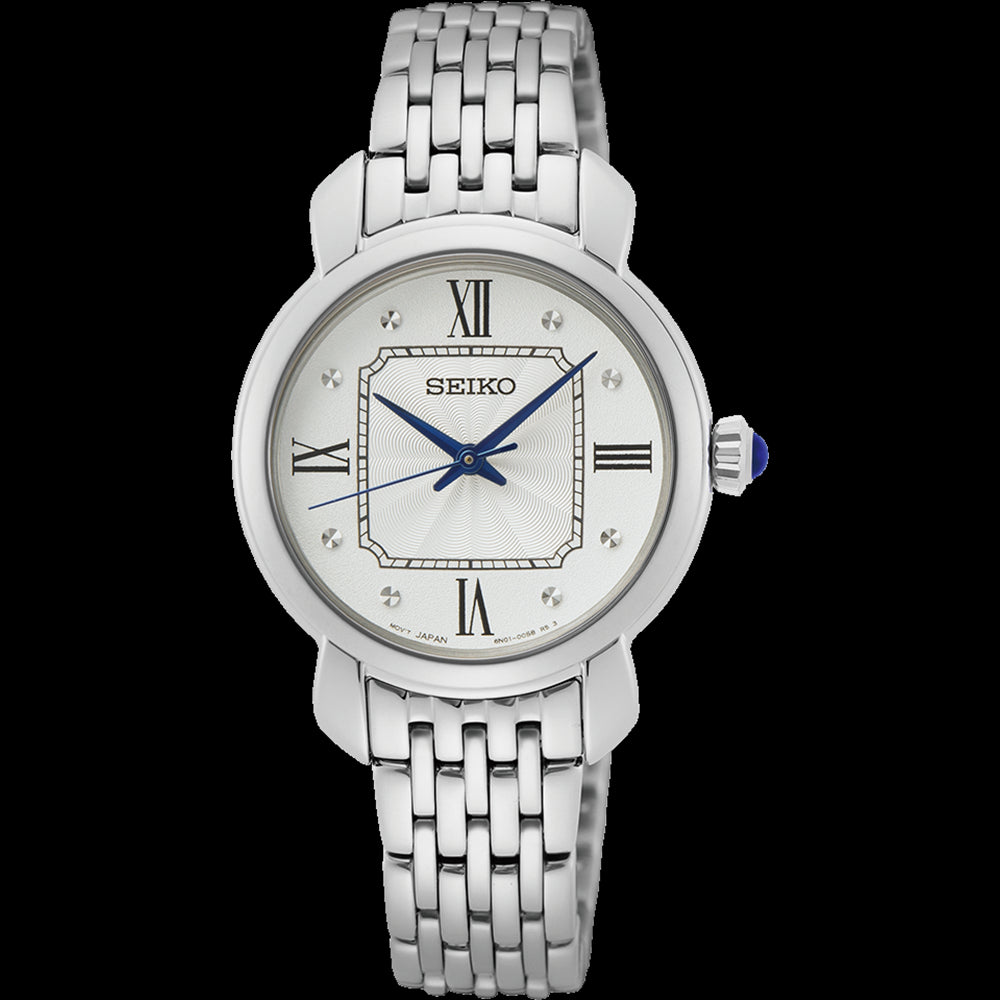 Ladies Seiko Stainless Steel Dress Watch with Roman Numerals.