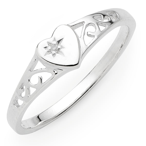 Sterling Silver Diamond Set Heart Ring with filigree shoulders