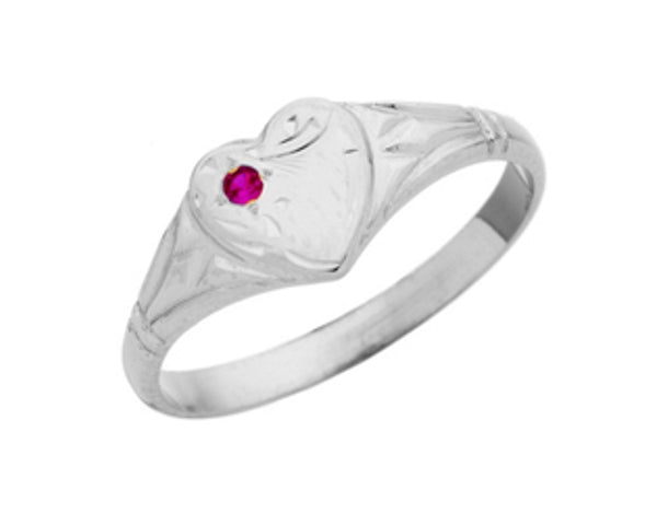Sterling Silver Single Heart Signet Ring with Red Stone.