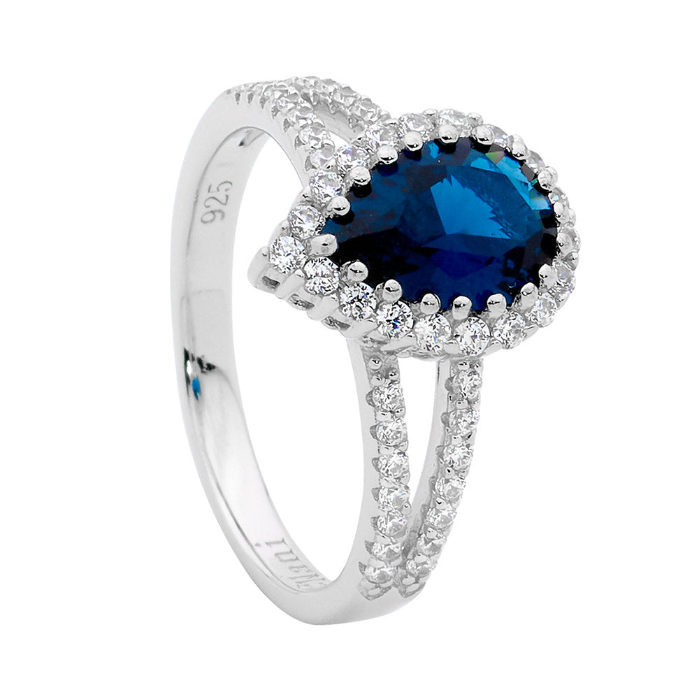 Ellani Pear Shape London Blue CZ Dress Ring.