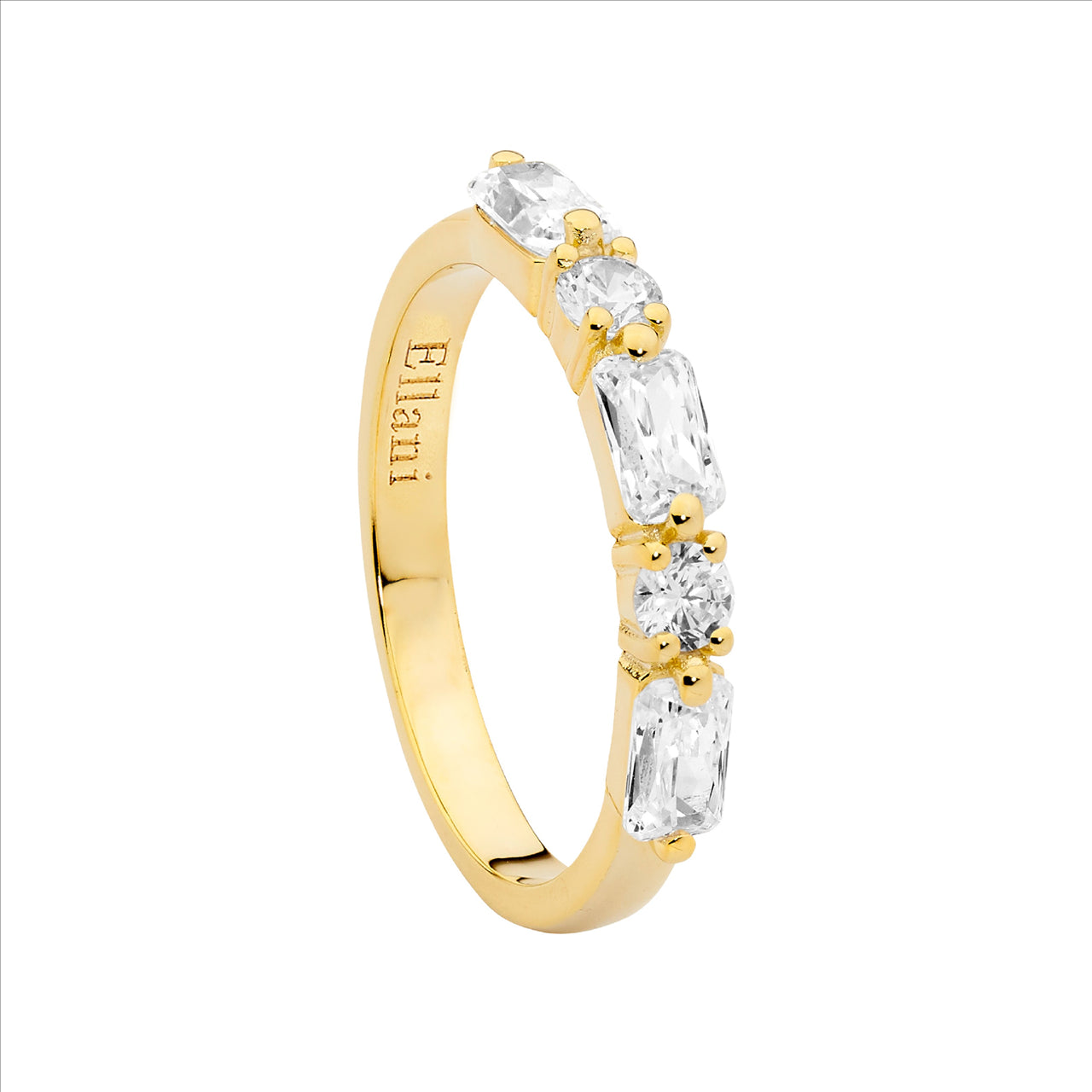 Baguette & Round CZ Yellow Gold Plate Ring.