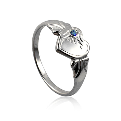 Sterling Silver Signet Ring with Single Heart & Blue Stone.
