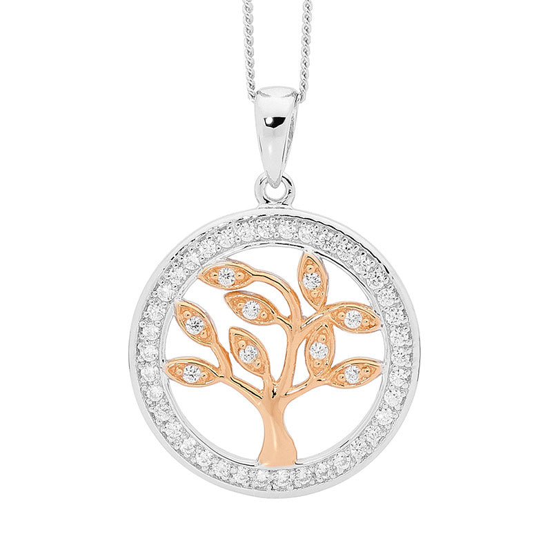 Silver Rose Gold Cubic Zirconia Tree of Life Pendant