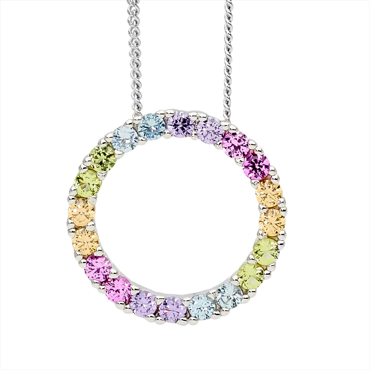 Sterling Silver Pastel Rainbow CZ Open Circle Necklace
