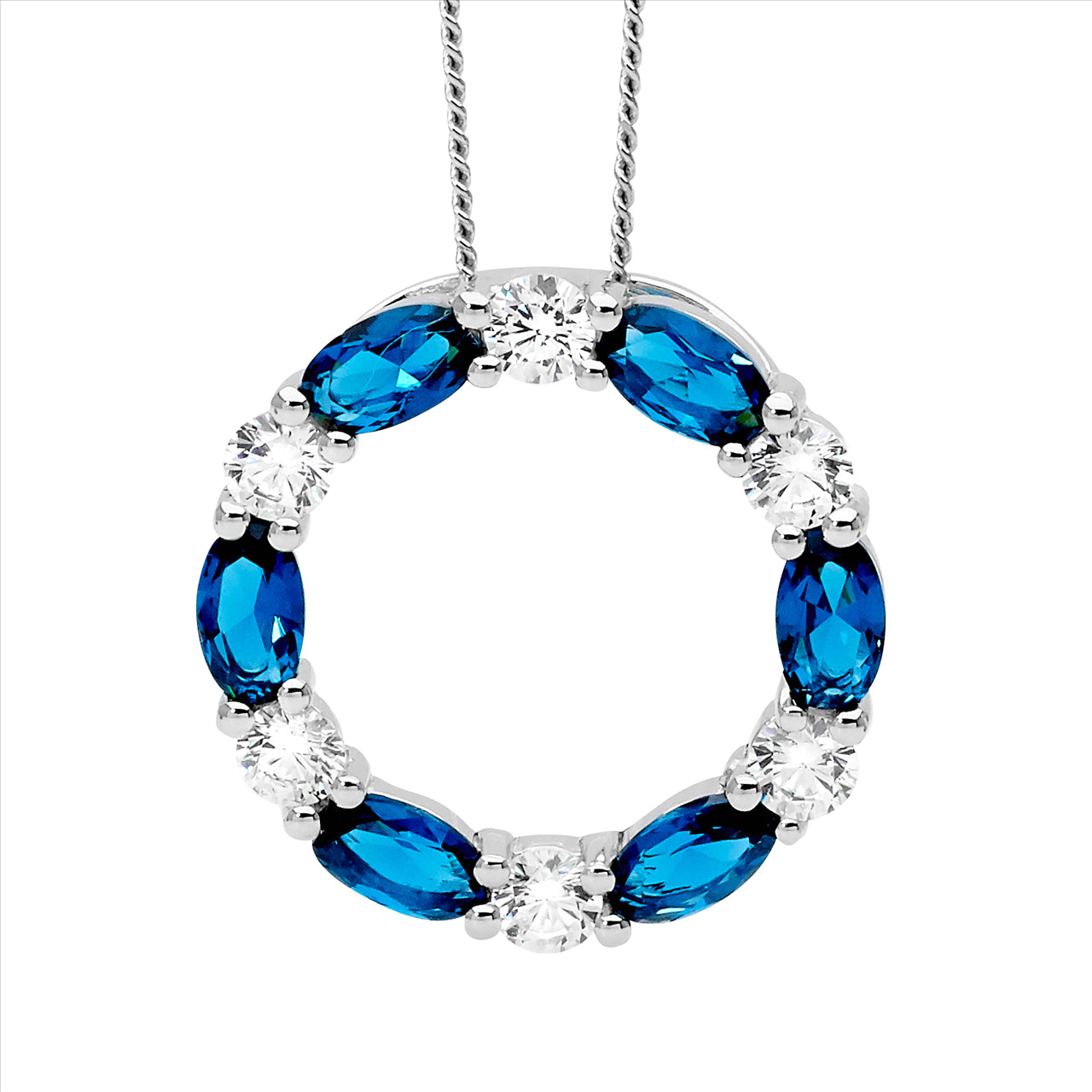 Sterling Silver London Blue & White CZ Open Circle Necklace