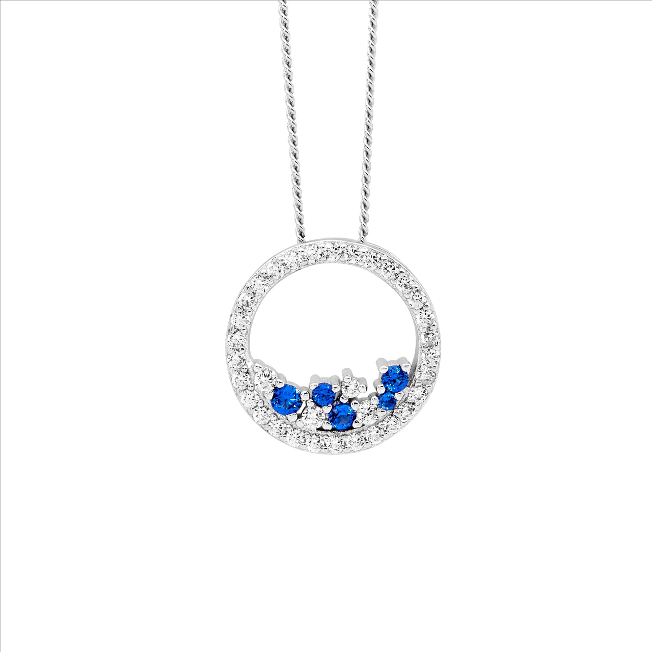 Sterling Silver Open Circle Necklace Blue & White Cubic Zirconias