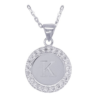 Initial K Disc Necklace with Cubic Zirconias.