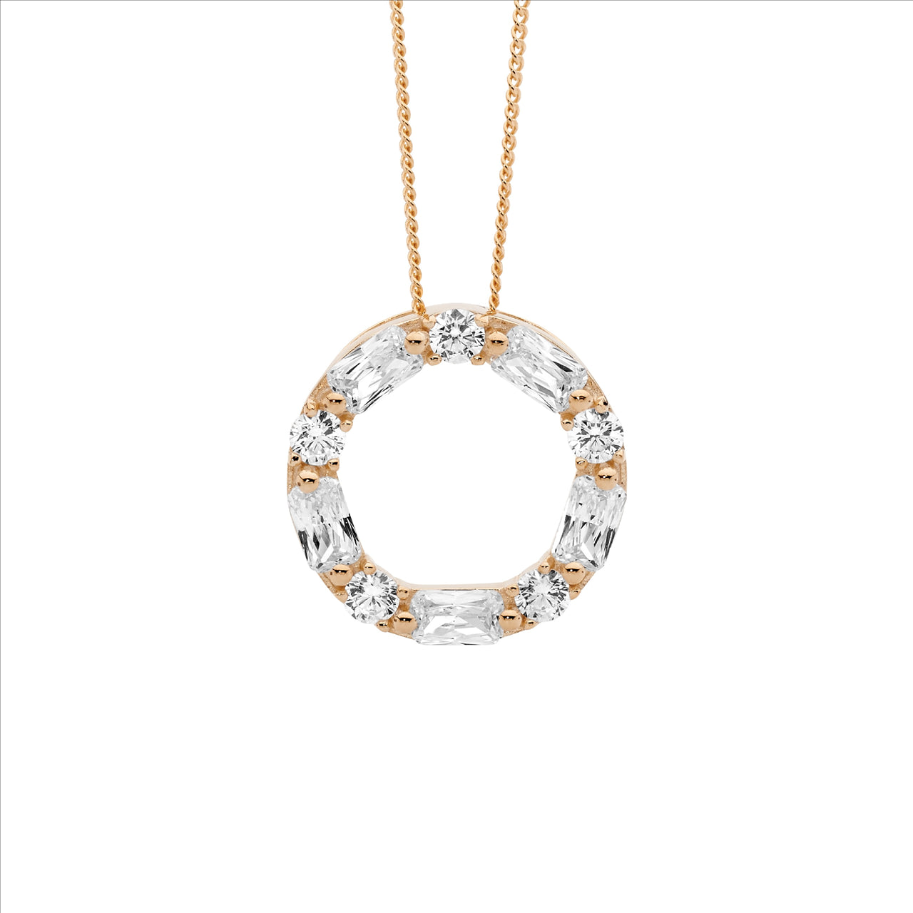 Rose Gold Open Circle Baguette & Round CZ Necklace.