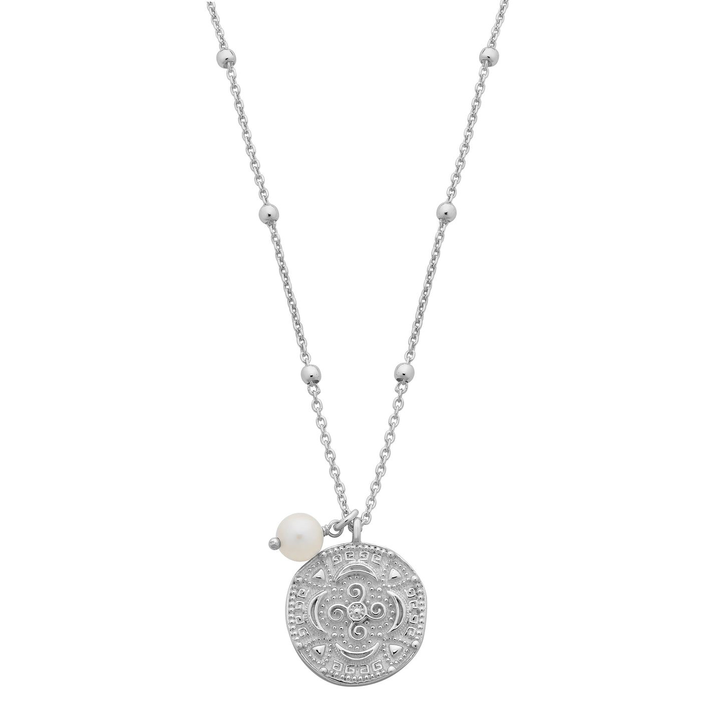 Silver Coin Necklace with White Freshwater Pearl Drop