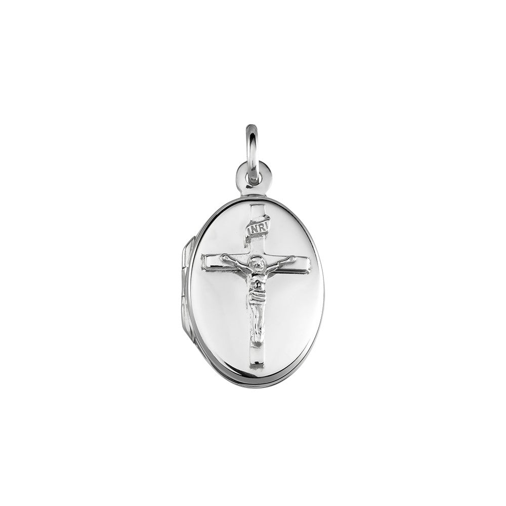 Silver Oval Locket with Crucifix.