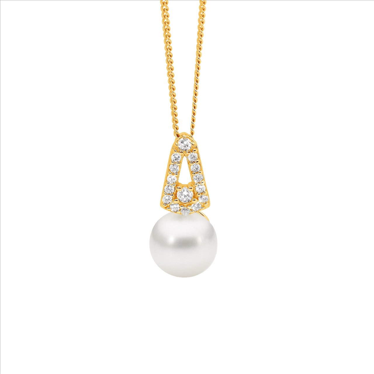 Yellow Gold Open V Drop Pendant with Freshwater Pearl.