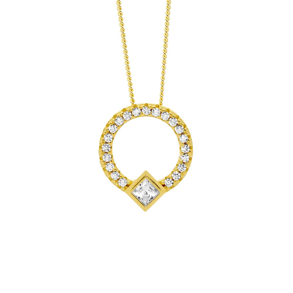 Open Circle Pendant with White cubic Zirconias - Yellow Gold Plate
