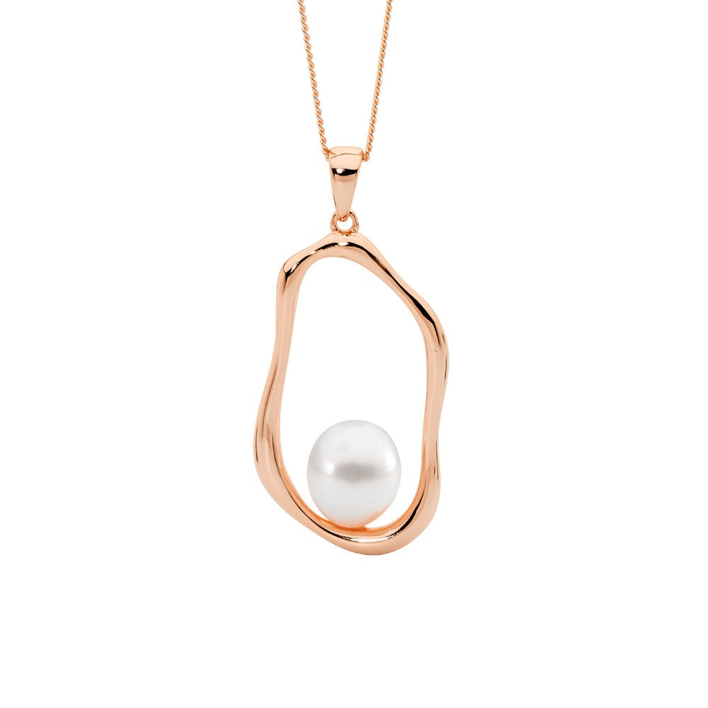 Freshwater Pearl Open Wave Drop Pendant - Rose Gold Plate.